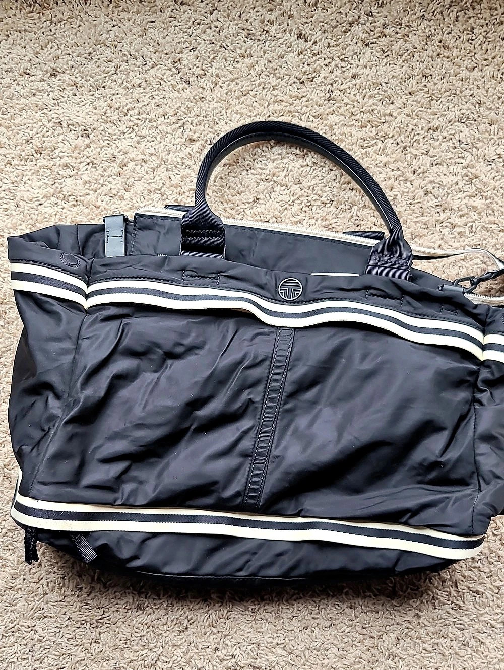 Tory Sport Ripstop Nylon Color-Block Duffle Bag Black & Cream
